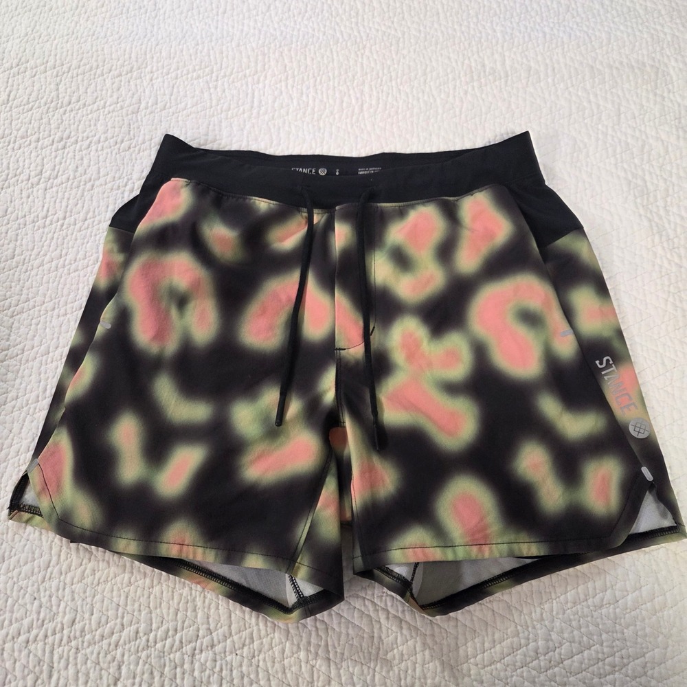 Stance Mens Small Performance Running Shorts Black Pink Green Abstract Print 5in